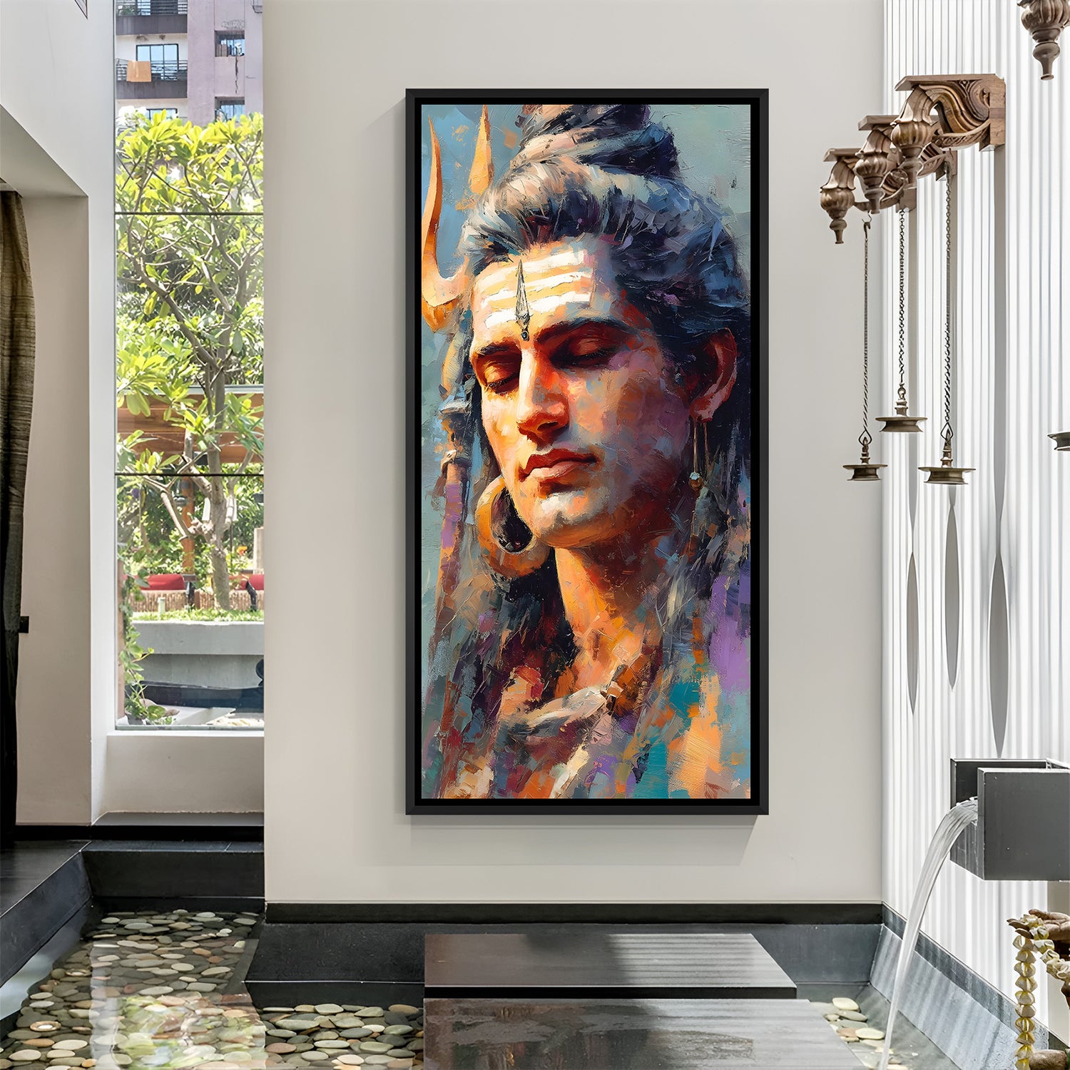 Modern Shiva portrait painting with black floater frame for contemporary decor