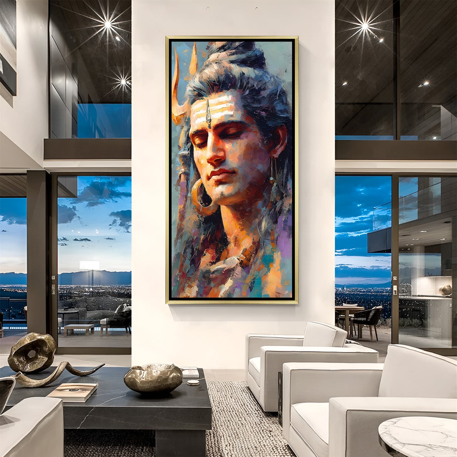Premium Shiva abstract canvas wall art with golden floater frame