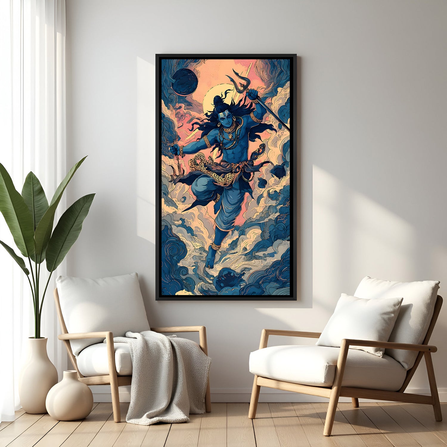 Artistic Mahadev with Trishul and cloud backdrop in elegant black floater frame