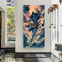 Stylized Lord Shiva holding a trident against clouds canvas wall art in premium canvas wrapped frame
