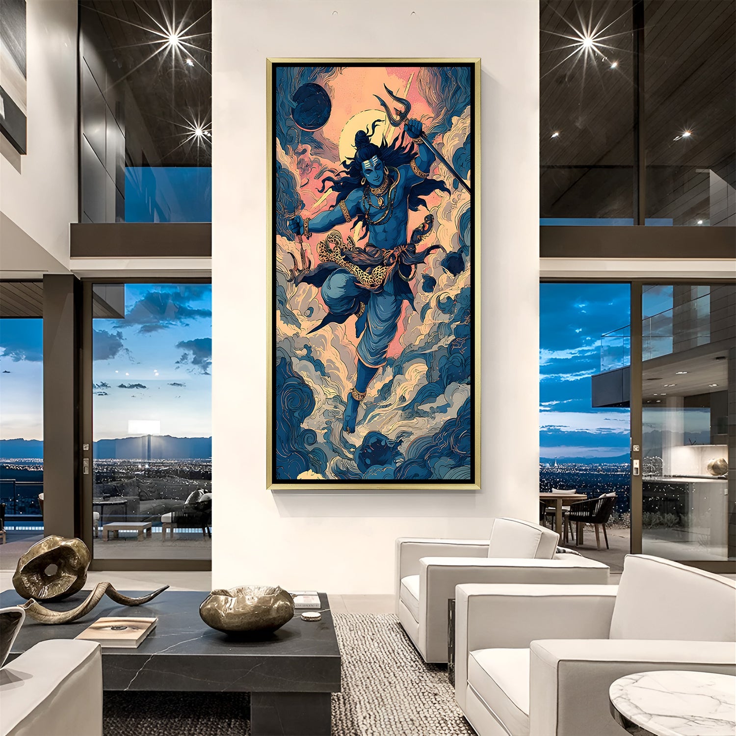 Lord Shiva stylized canvas painting with sacred Trishul and celestial clouds in luxurious golden floater frame