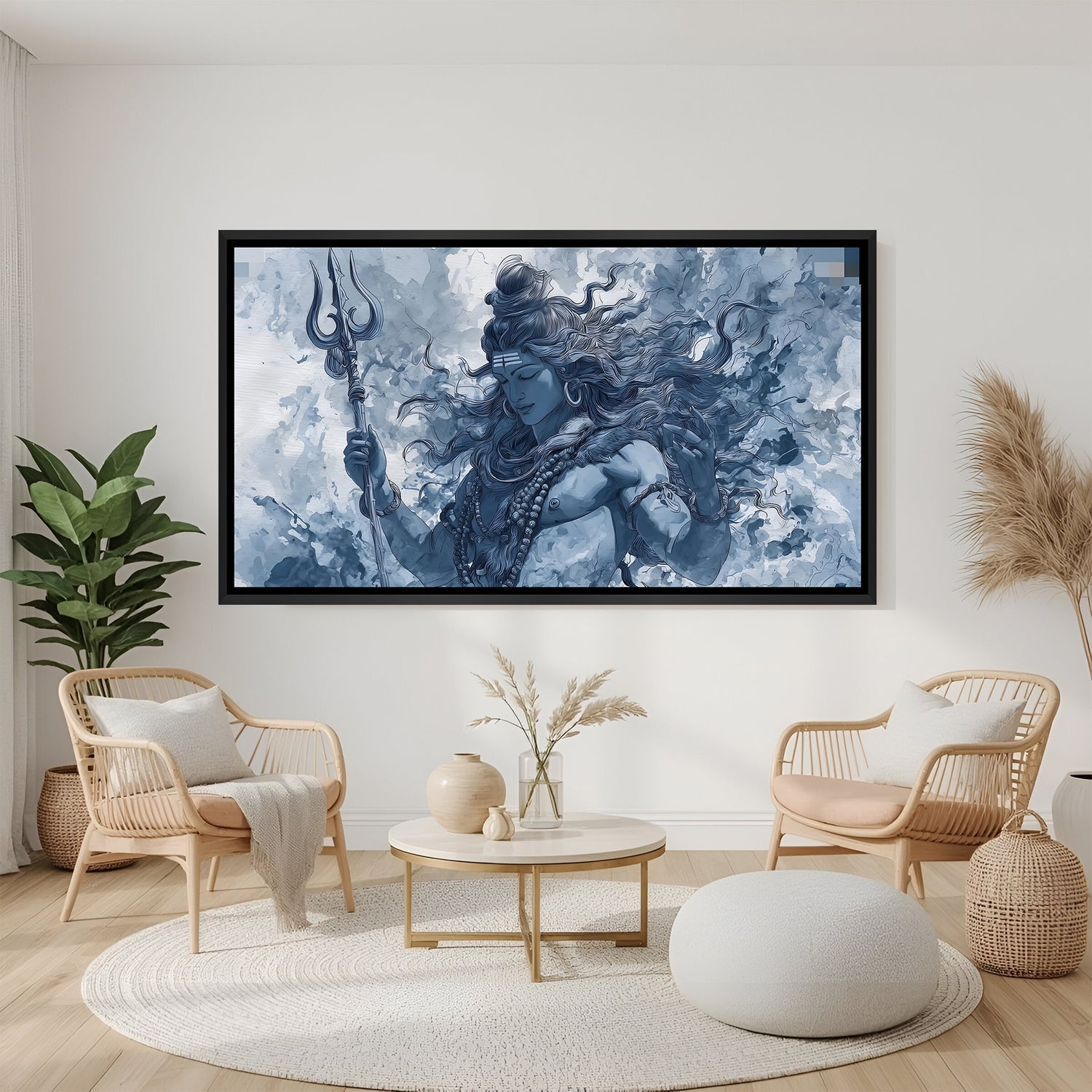 Peaceful Lord Shiva with Trishul and swirling cloud background artwork in elegant black floater frame