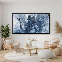 Peaceful Lord Shiva with Trishul and swirling cloud background artwork in elegant black floater frame