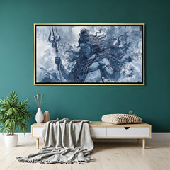 Divine Mahadev portrait with sacred trident and cloud backdrop in luxurious golden floater frame