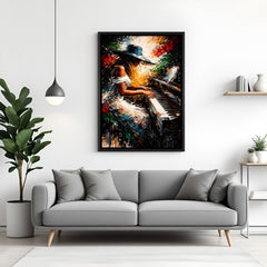 Woman playing piano modern canvas wall painting in elegant black floater frame for interiors