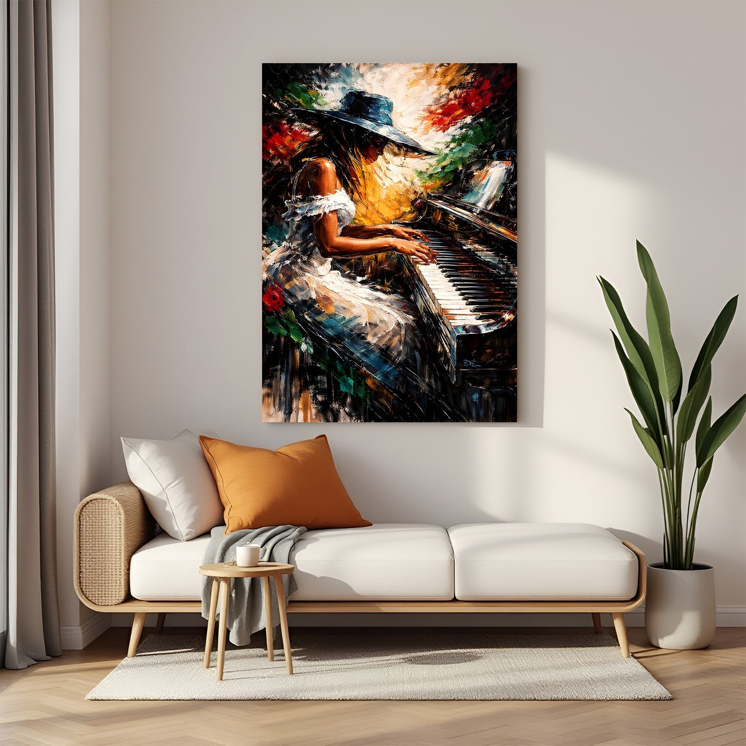 Modern art canvas of a woman playing piano in expressive painted style canvas wrapped frame