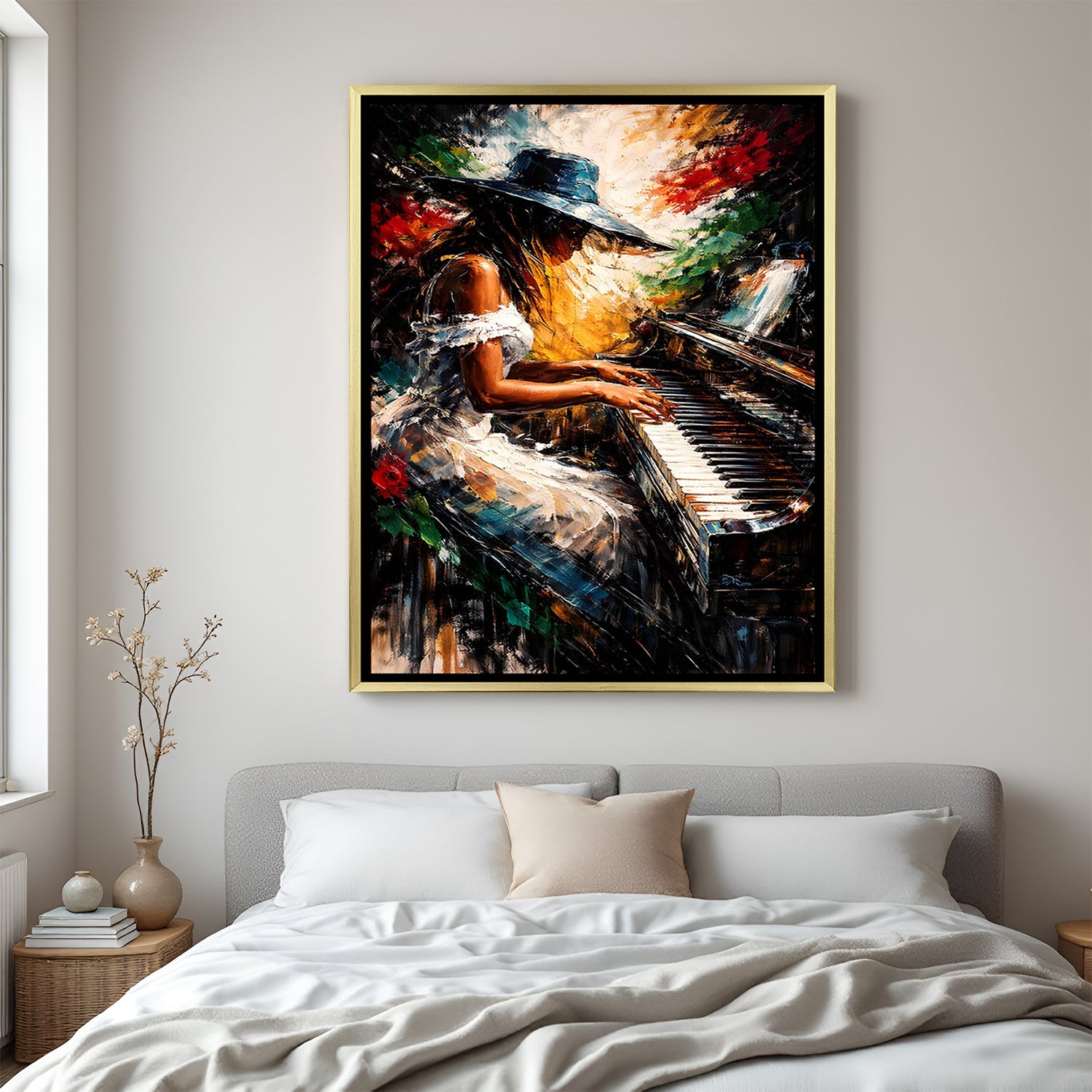 Modern piano player artwork canvas in luxury golden floater frame with artistic expression