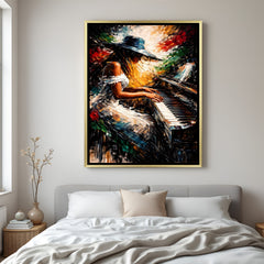 Modern piano player artwork canvas in luxury golden floater frame with artistic expression