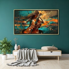 Luxury abstract cello player wall art in gold floater frame showcasing dynamic musical notes and vibrant color splashes.