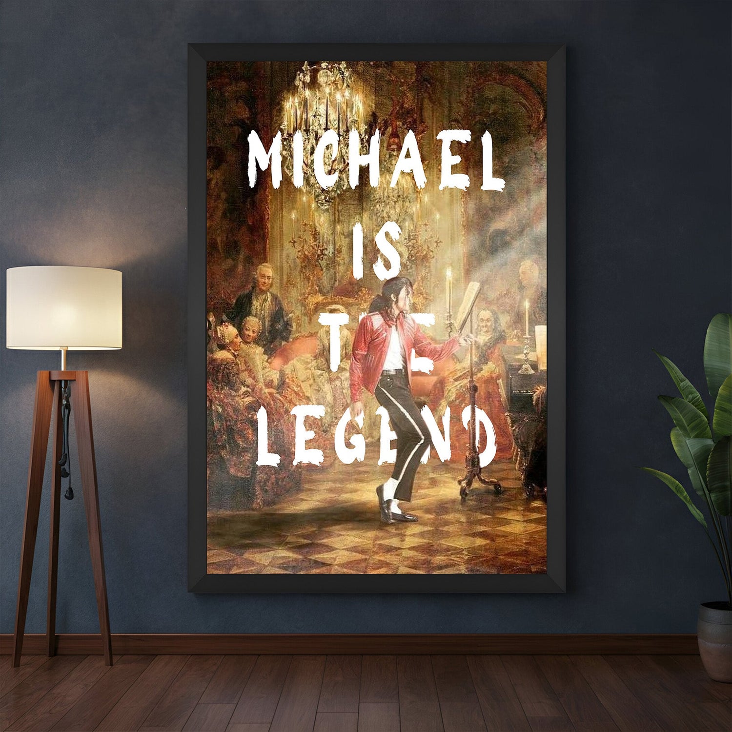 Framed modern canvas of Michael Jackson with “Michael is the Legend” typography in black floater frame, perfect for stylish interiors and music lovers