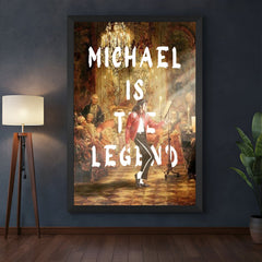 Framed modern canvas of Michael Jackson with “Michael is the Legend” typography in black floater frame, perfect for stylish interiors and music lovers