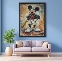 Modern art canvas of Mickey Mouse with baseball bat in black floater frame for bold and creative room decor