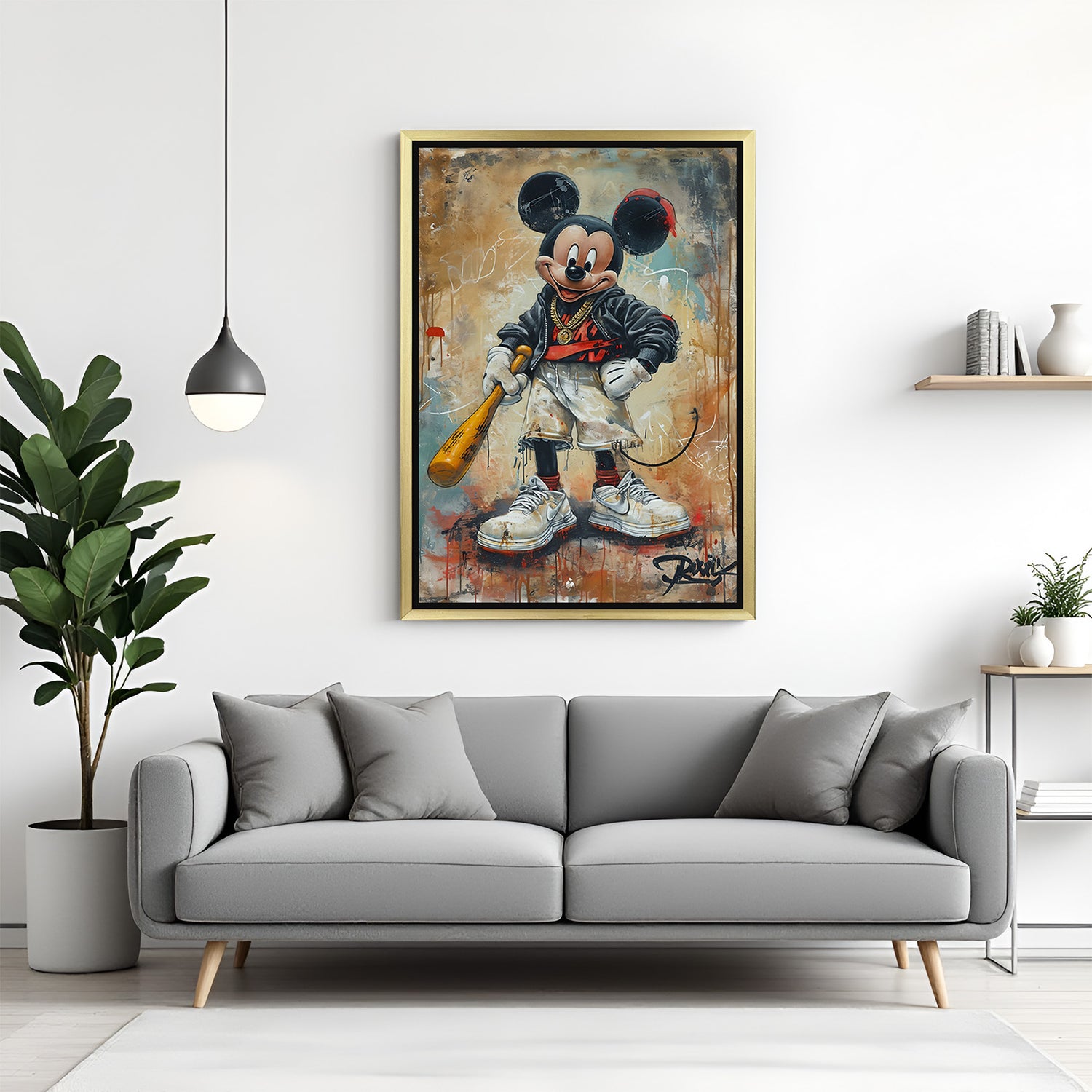 Mickey Mouse baseball bat canvas print with gold floater frame, modern wall art with a pop culture twist