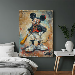 Mickey Mouse holding baseball bat modern art canvas print, colorful cartoon-themed wall decor for stylish spaces