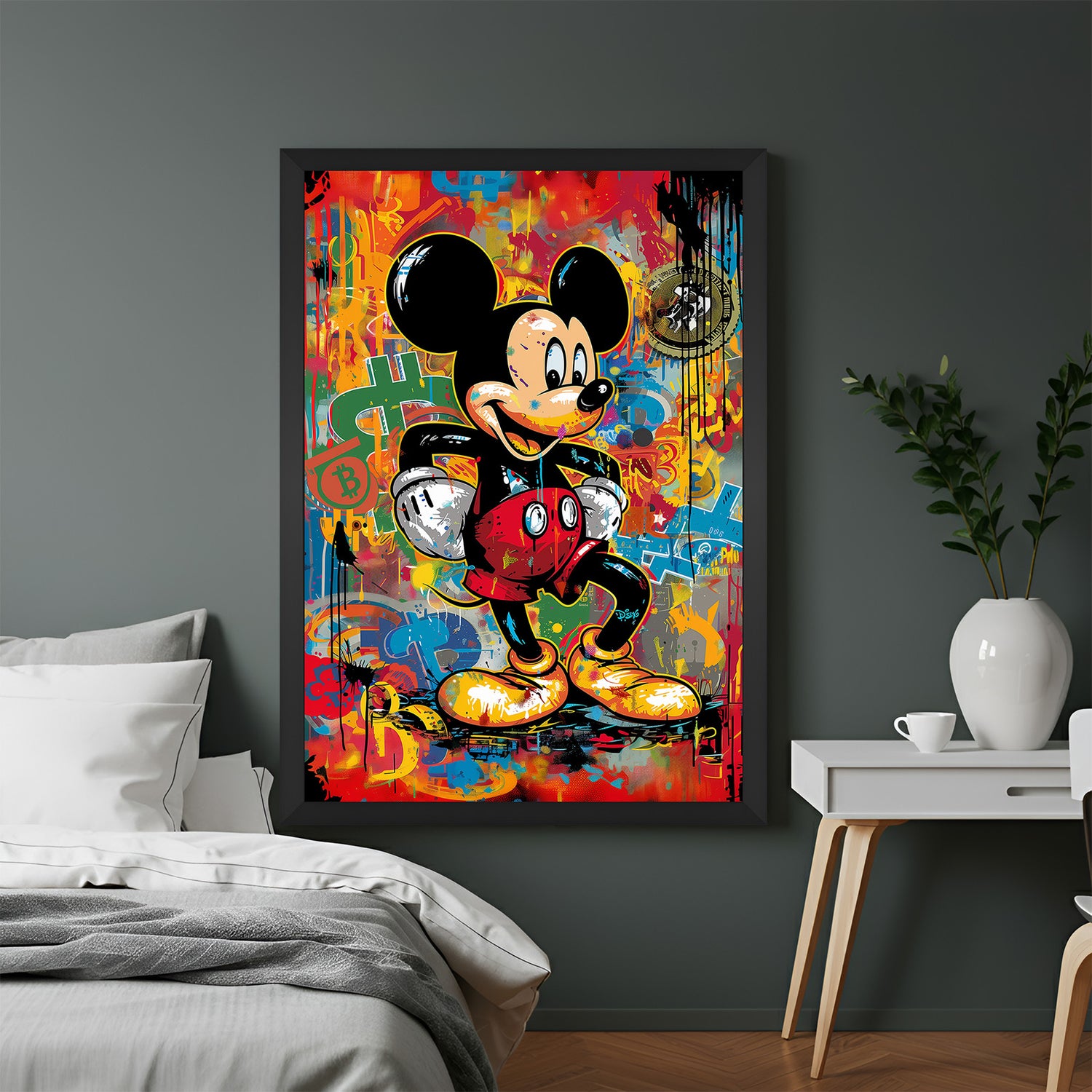 Black-framed modern canvas of Mickey Mouse featuring vibrant and edgy art style—ideal for trendy homes and stylish workspaces