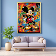 Golden-framed Mickey Mouse modern art canvas—colorful and artistic wall decor for fashion-forward, pop culture-inspired interior settings