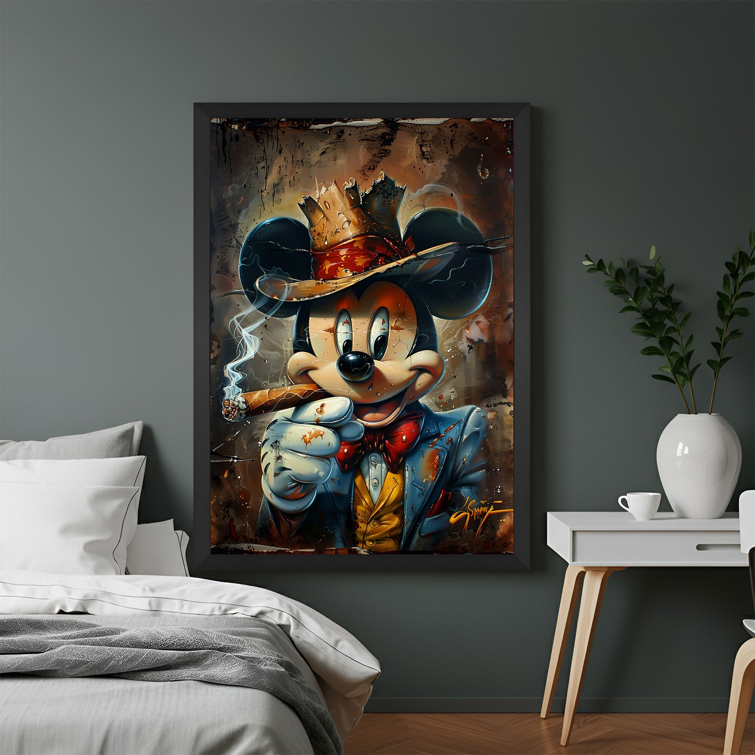 Framed canvas print of Mickey Mouse with cigar in black floater frame, perfect for cool masculine interiors, game rooms, and modern office walls