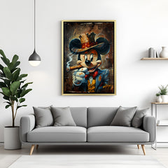 Golden-framed modern art of Mickey Mouse smoking cigar, a unique blend of classic cartoon character with bold artistic flair for stylish wall decor