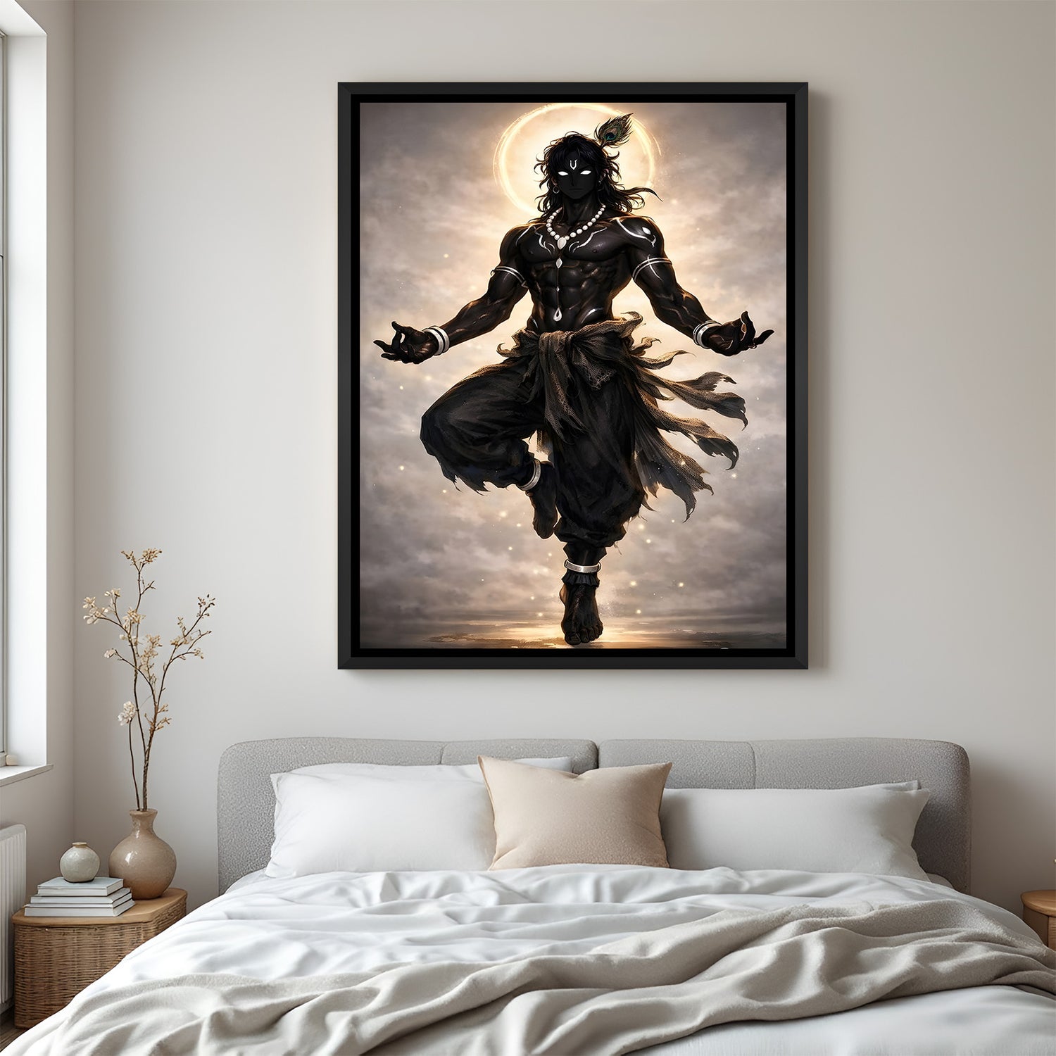 Contemporary Shyam-inspired spiritual artwork in elegant black floater frame with modern devotional aesthetic