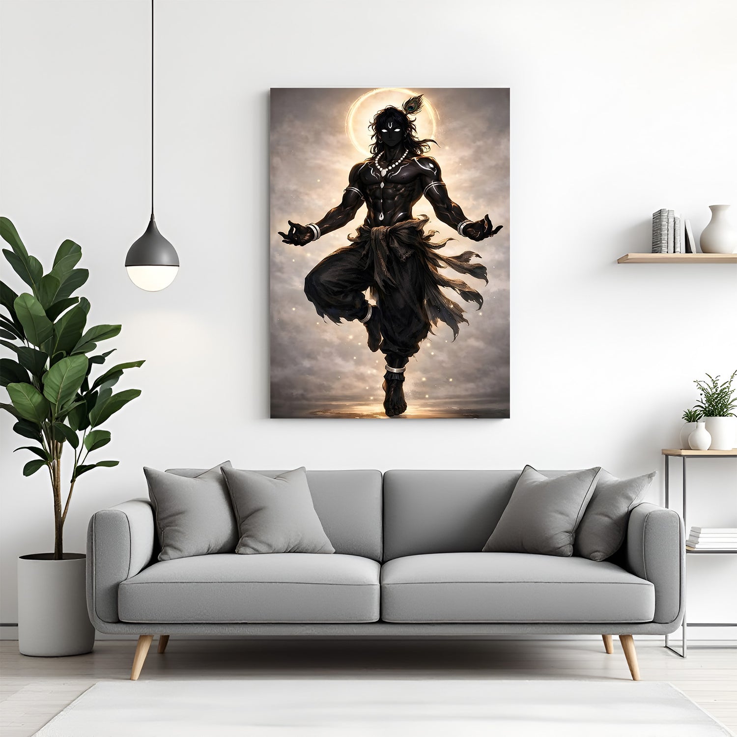 Stylized dark-toned divine figure inspired by Lord Krishna canvas wall art in premium canvas wrapped frame