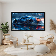 Modern drifting supercar artwork in black frame with cinematic lighting.