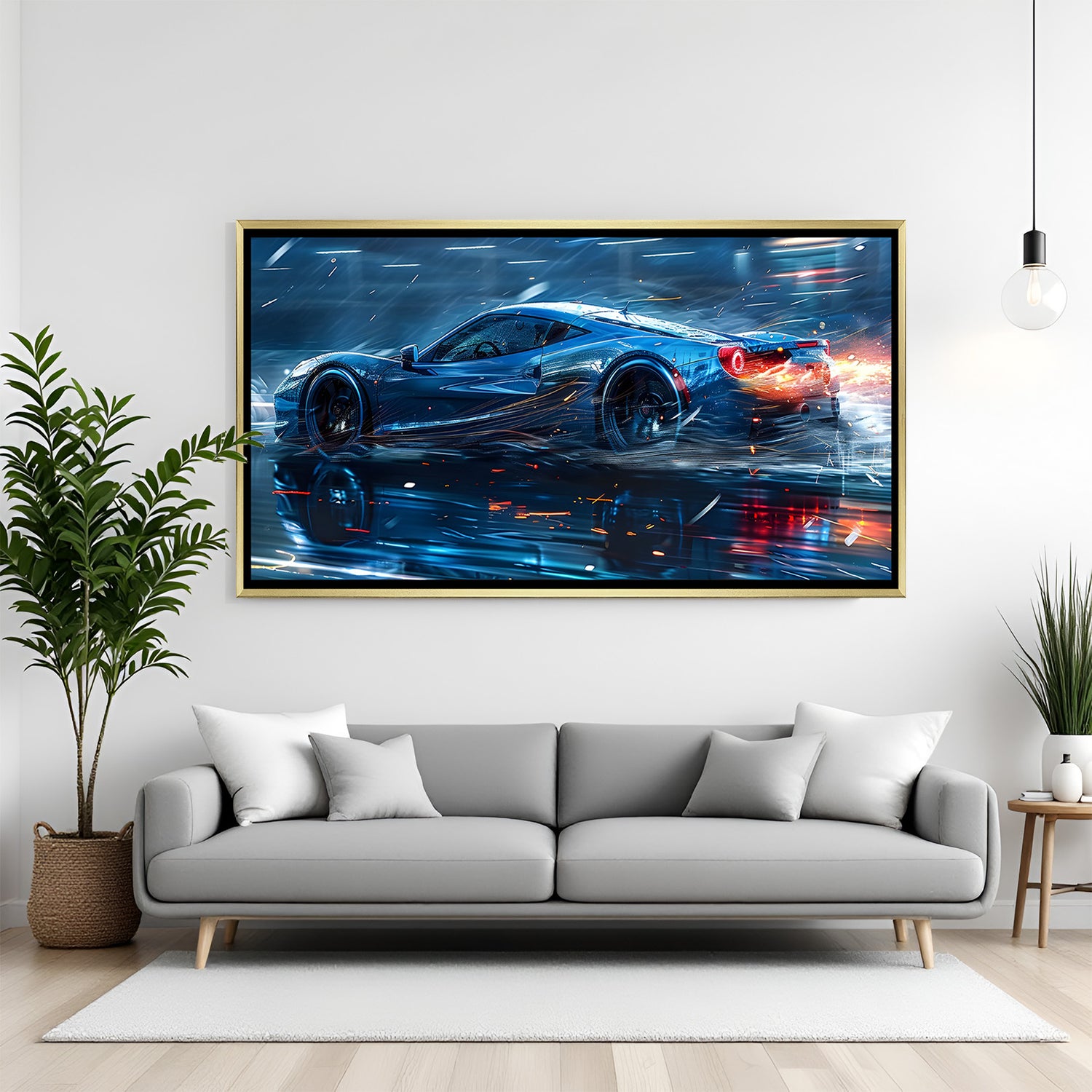 Luxury supercar canvas art in white frame with motion blur effect.