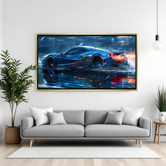 Luxury supercar canvas art in white frame with motion blur effect.