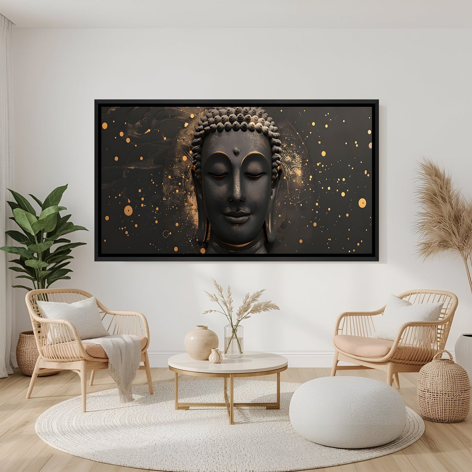 Dark Buddha artwork with gold accents displayed in sleek black floater frame for contemporary interiors.
