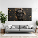 Panoramic black and gold Buddha wall art in canvas wrapped frame with modern luxury styling.