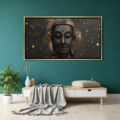 Luxury Buddha canvas with gold detailing presented in elegant gold floater frame.