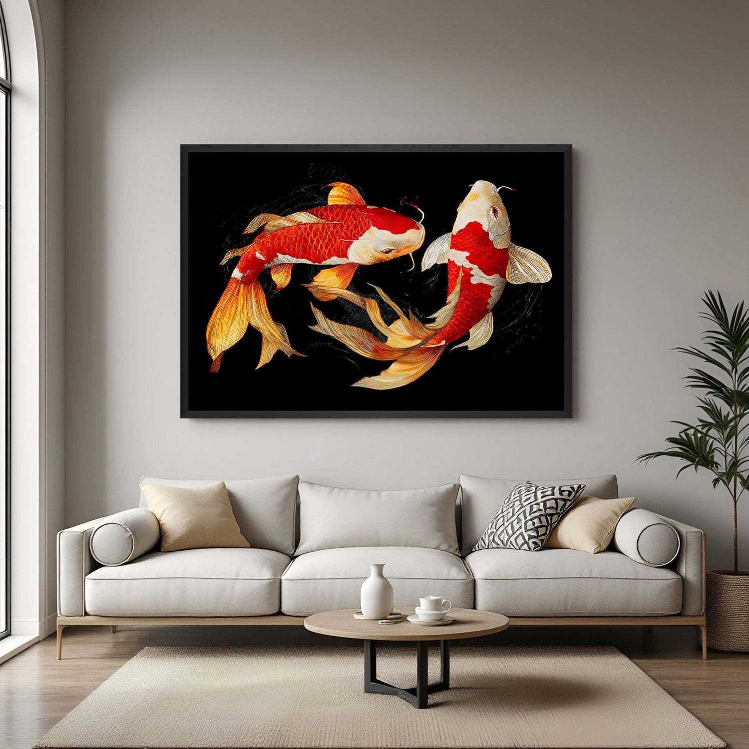 Twin koi fish wall artwork with vivid colors and black background in elegant black floater frame