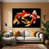 Two vibrant koi fish swimming against a dramatic black background in premium canvas wrapped frame