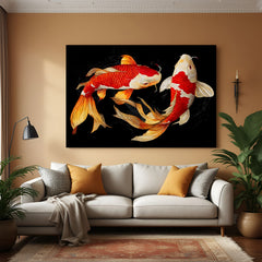 Two vibrant koi fish swimming against a dramatic black background in premium canvas wrapped frame