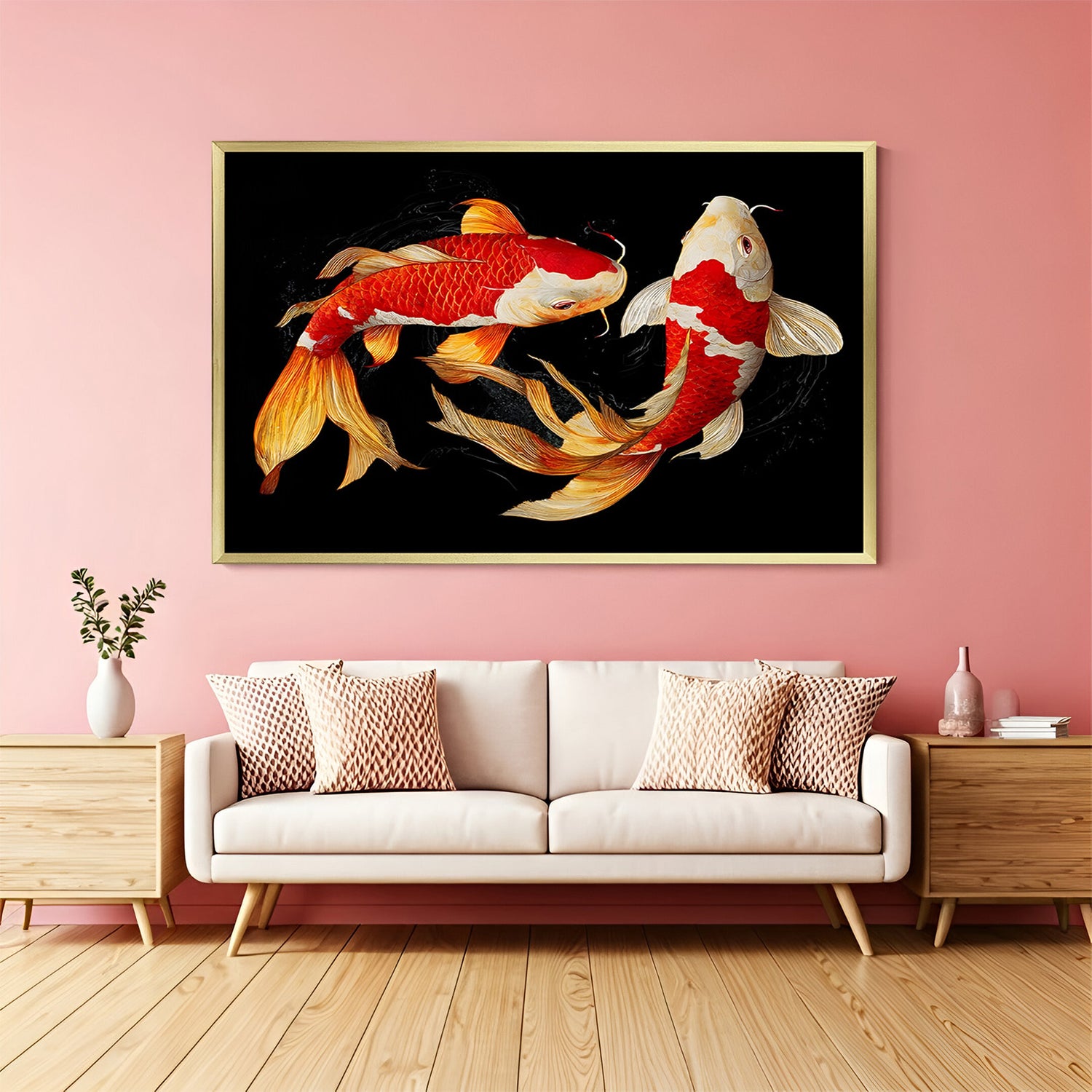 Midnight Harmony Twin Koi artwork in luxury golden floater frame featuring two symbolic koi fish