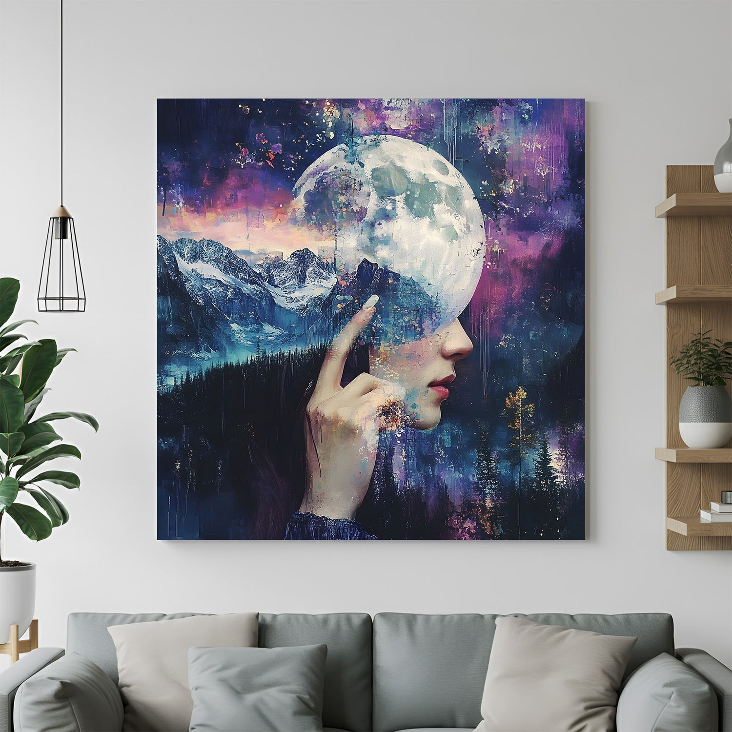 Square canvas-wrapped surreal moon portrait wall art featuring glowing full moon over mountain landscape in cosmic purple sky.