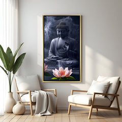 Elegant Buddha meditation artwork in gold floater frame with lotus and mist background.