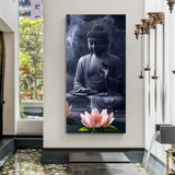 Vertical Buddha wall art with raised blessing hand and pink lotus in dark blue background.