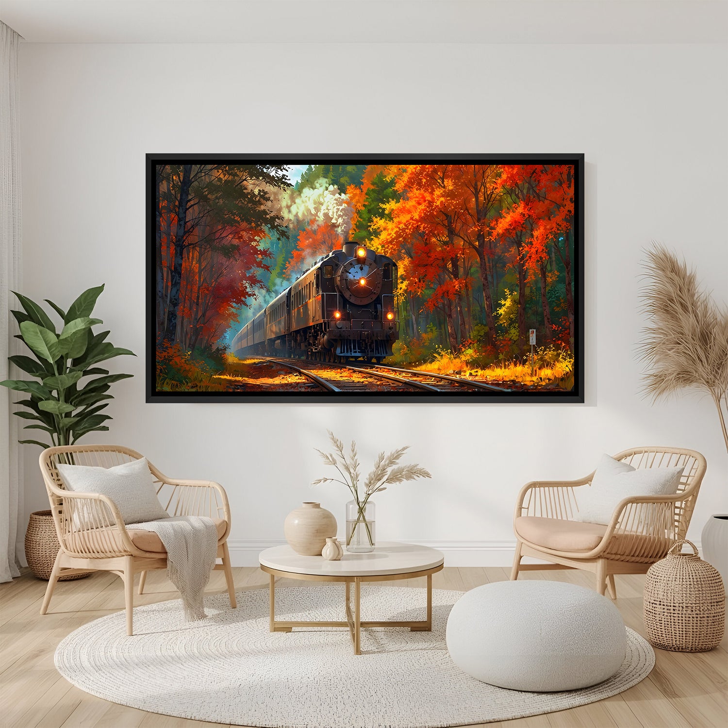Black train landscape artwork in elegant black floater frame with scenic trees alongside the railway track