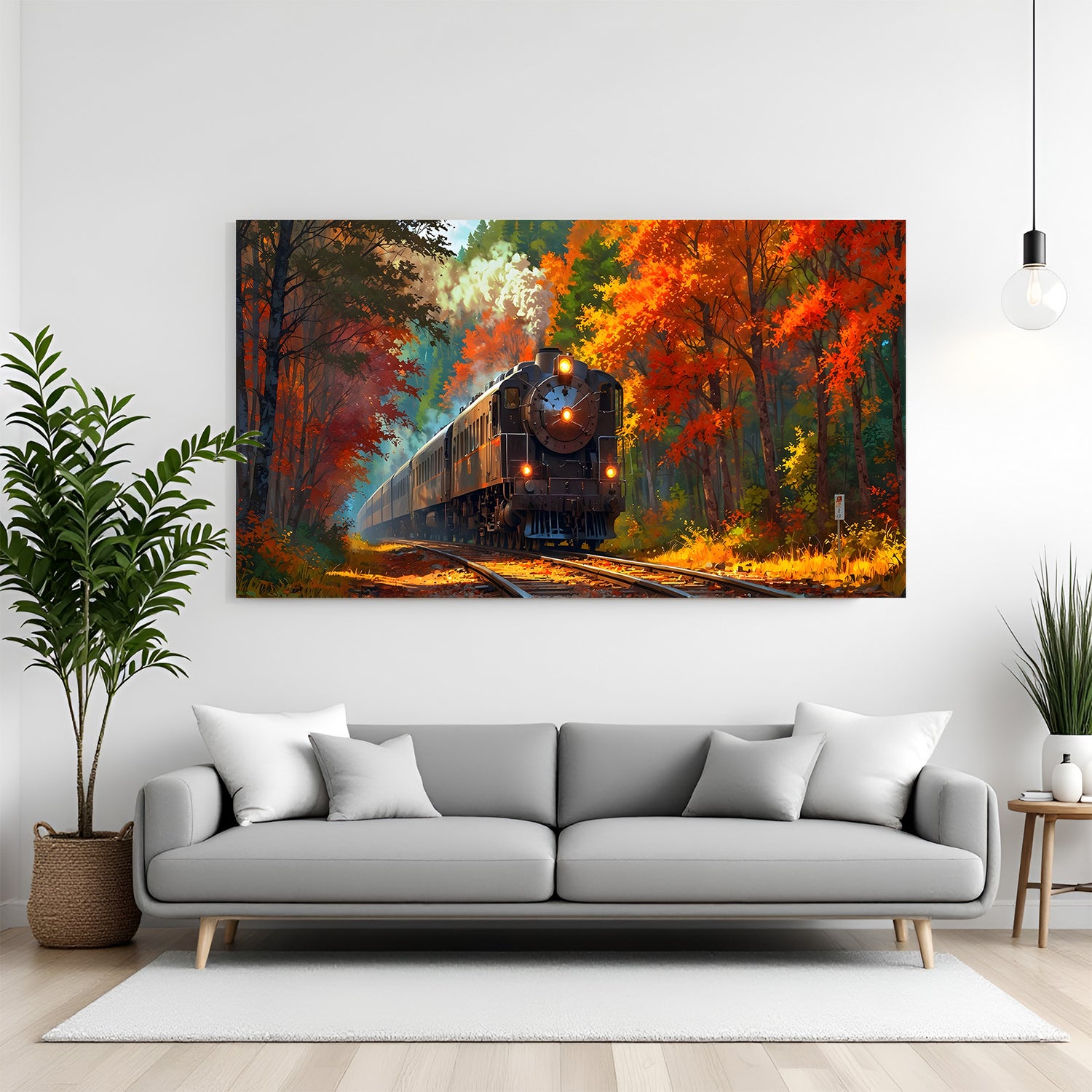 Midnight Railway Through Nature canvas wall decor featuring a black train and beautiful trees in premium canvas wrapped frame