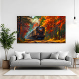 Midnight Railway Through Nature canvas wall decor featuring a black train and beautiful trees in premium canvas wrapped frame