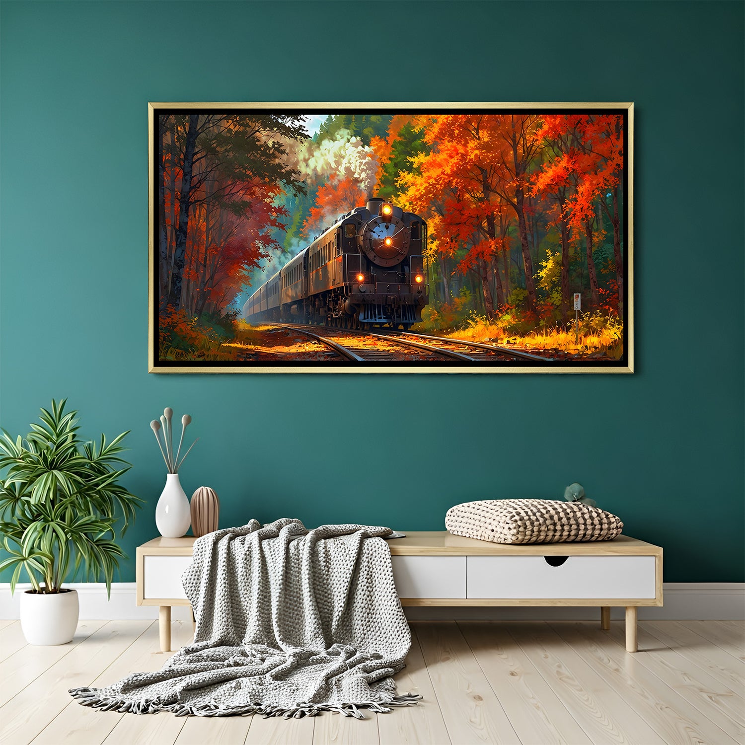 Midnight Railway Through Nature wall decor in luxury golden floater frame showcasing a beautiful train journey through nature
