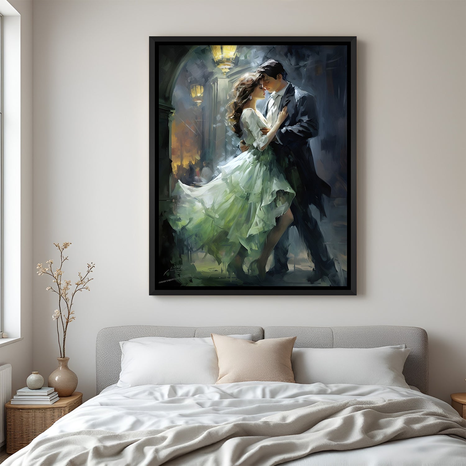 Modern romantic couple painting in black floater frame with moody evening lighting and elegant movement.