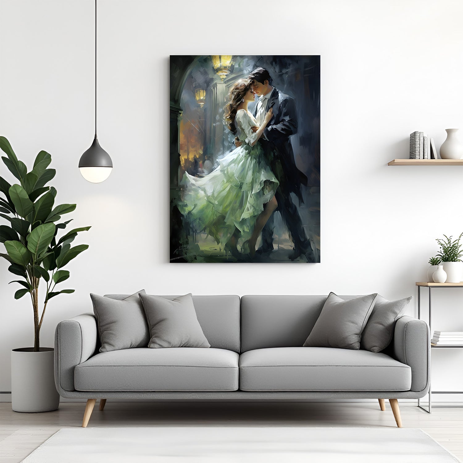 Romantic dance wall art in canvas wrapped frame featuring a couple embracing under warm streetlights with flowing green dress.