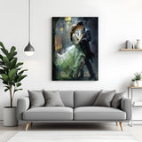 Romantic dance wall art in canvas wrapped frame featuring a couple embracing under warm streetlights with flowing green dress.