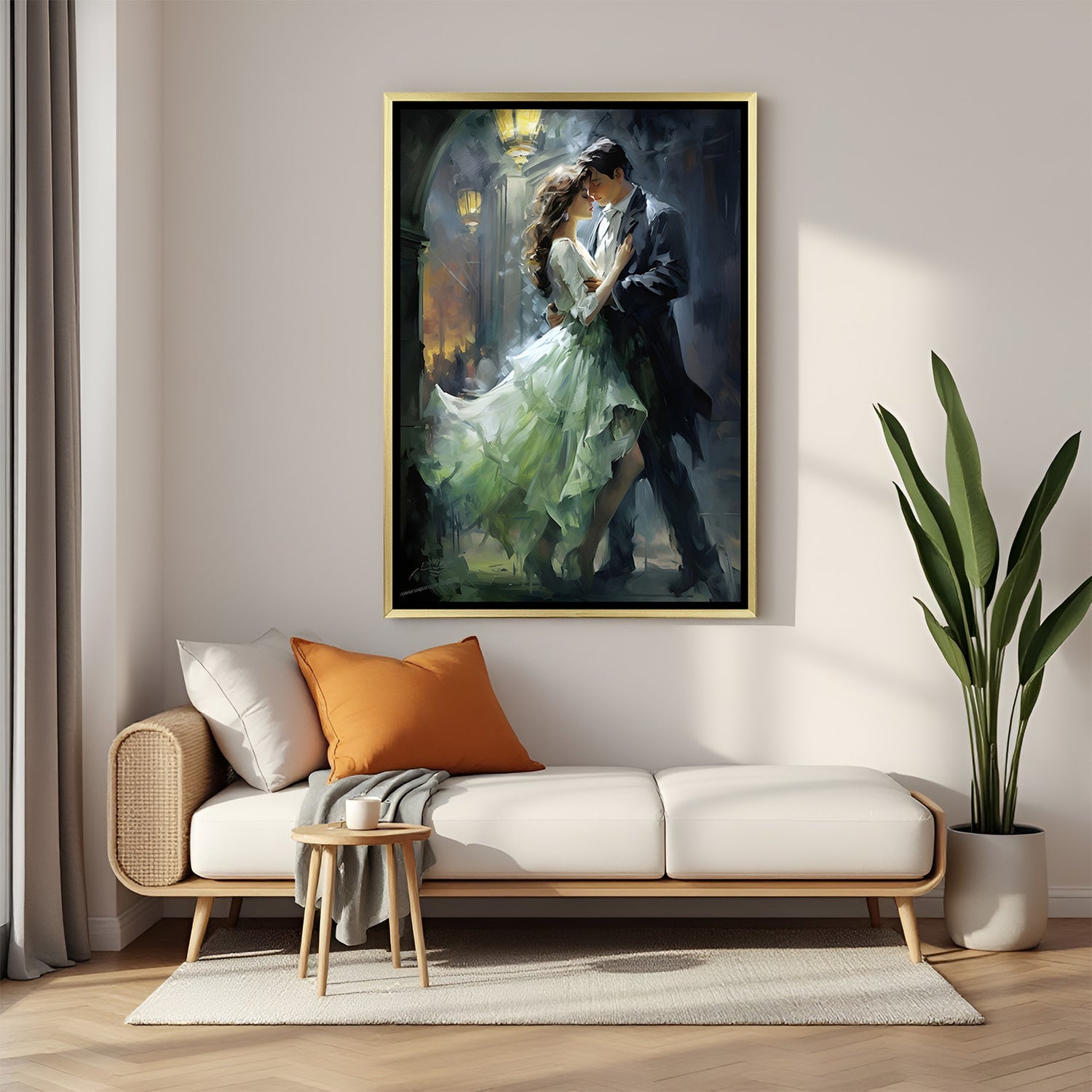 Luxury romantic dance artwork in gold floater frame showcasing intimate couple scene with cinematic glow.