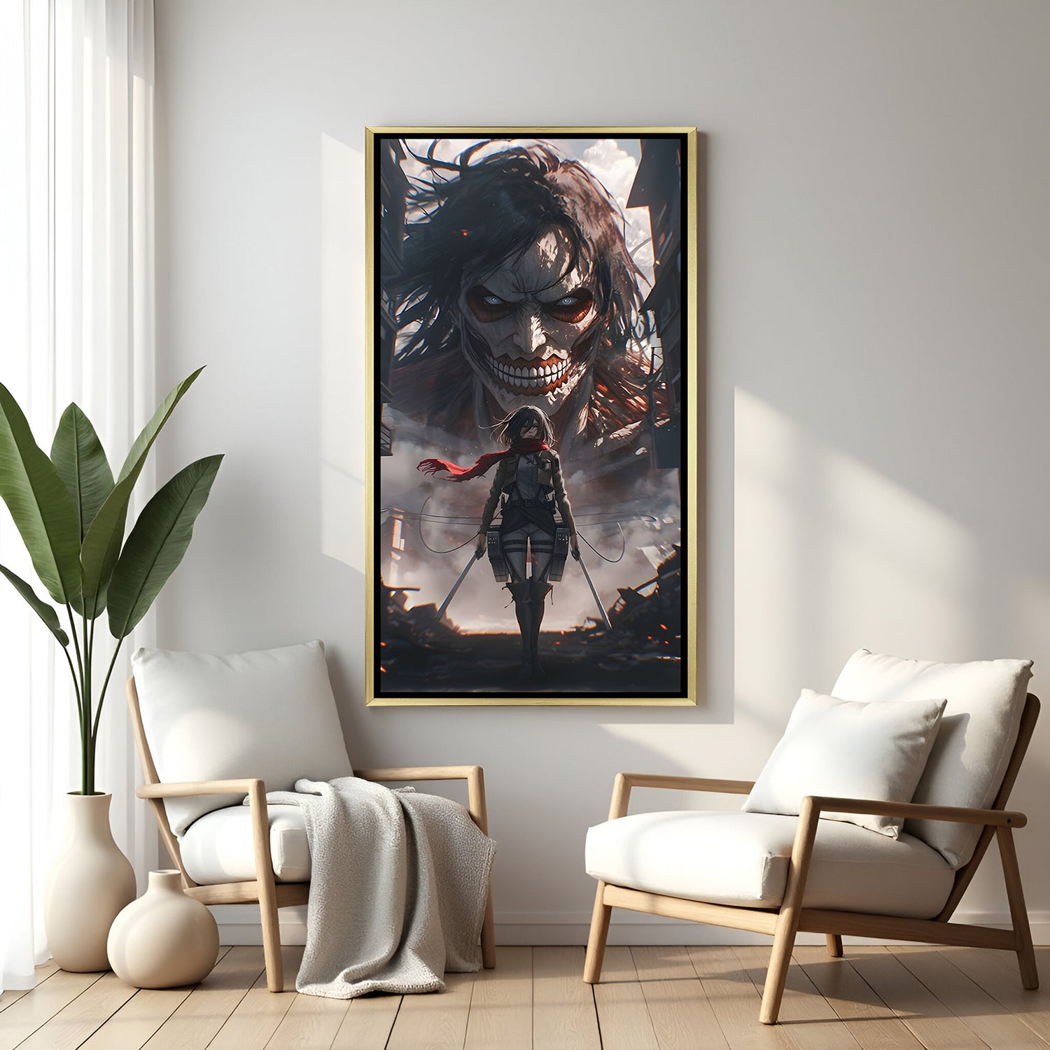 Mikasa Ackerman Attack on Titan wall art in luxury golden floater frame with cinematic anime design
