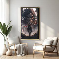 Mikasa Ackerman Attack on Titan wall art in luxury golden floater frame with cinematic anime design