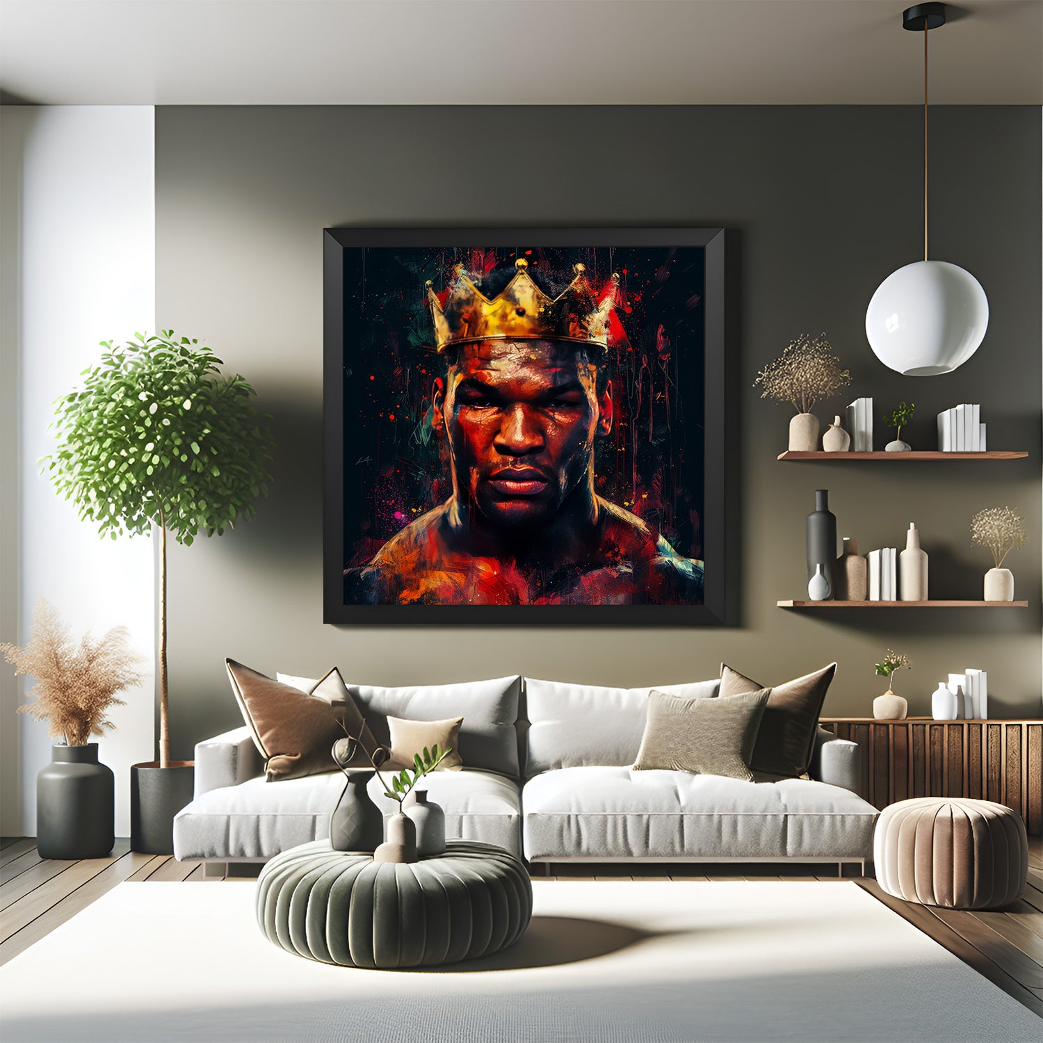 Black-framed modern art featuring Mike Tyson in crown—motivational and legendary boxing icon canvas for dynamic modern room styling