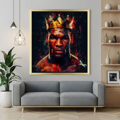 Golden-framed modern art canvas of Mike Tyson with crown and king theme—perfect for masculine, high-energy, and sports-themed home decor