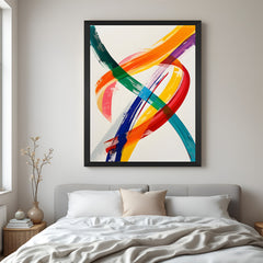 Abstract wall art with bold strokes on white canvas and black floater frame